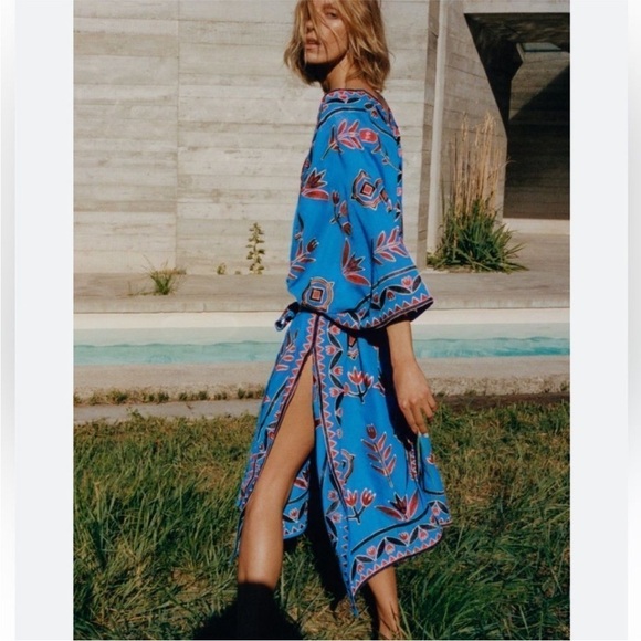 Zara Tops - Zara Blue Floral Embroidered Kimono Kaftan